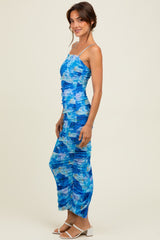Blue Rose Floral Mesh Sleeveless Ruched Dress