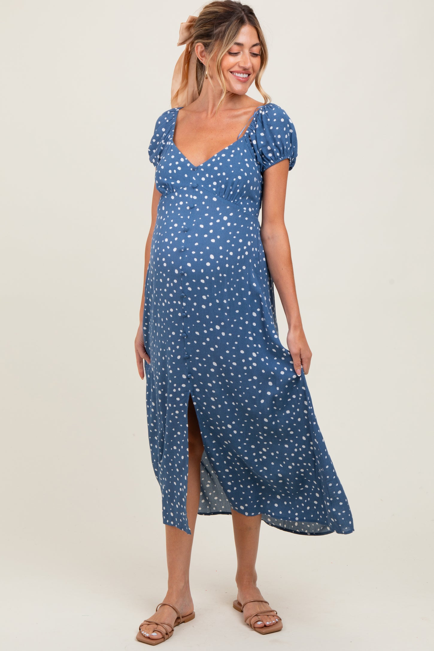 Blue Printed Button Accent Puff Sleeve Maternity Midi Dress