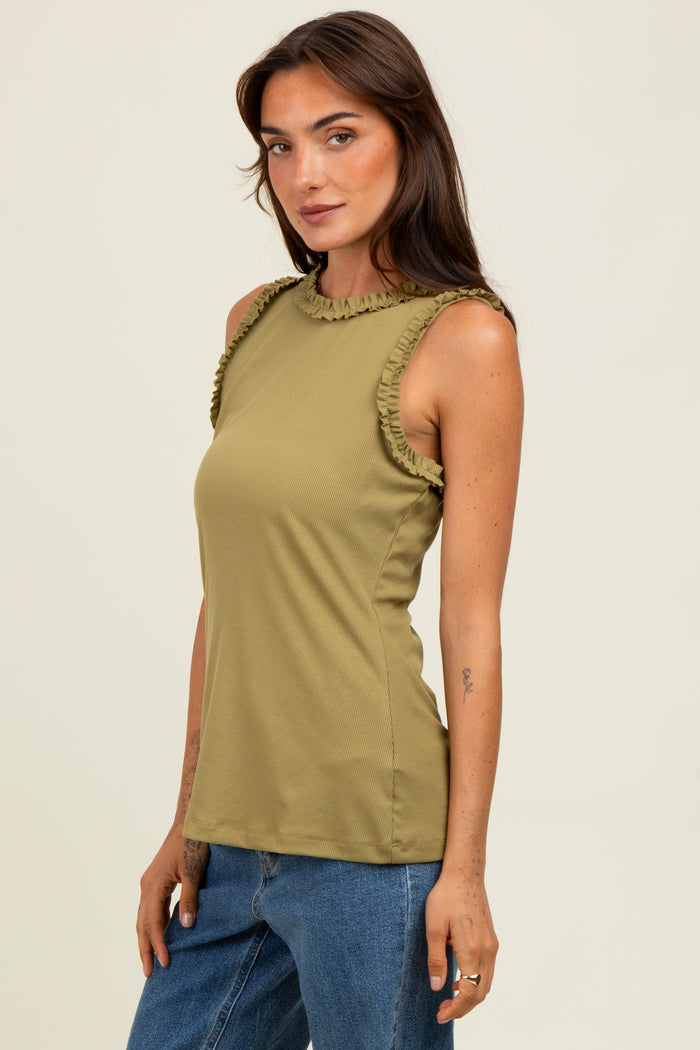 woman wearing a slim fit olive green sleeveless top with ruffle details on the neckline and shoulders