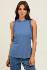 Blue Rib Knit Ruffle Trim Sleeveless Top