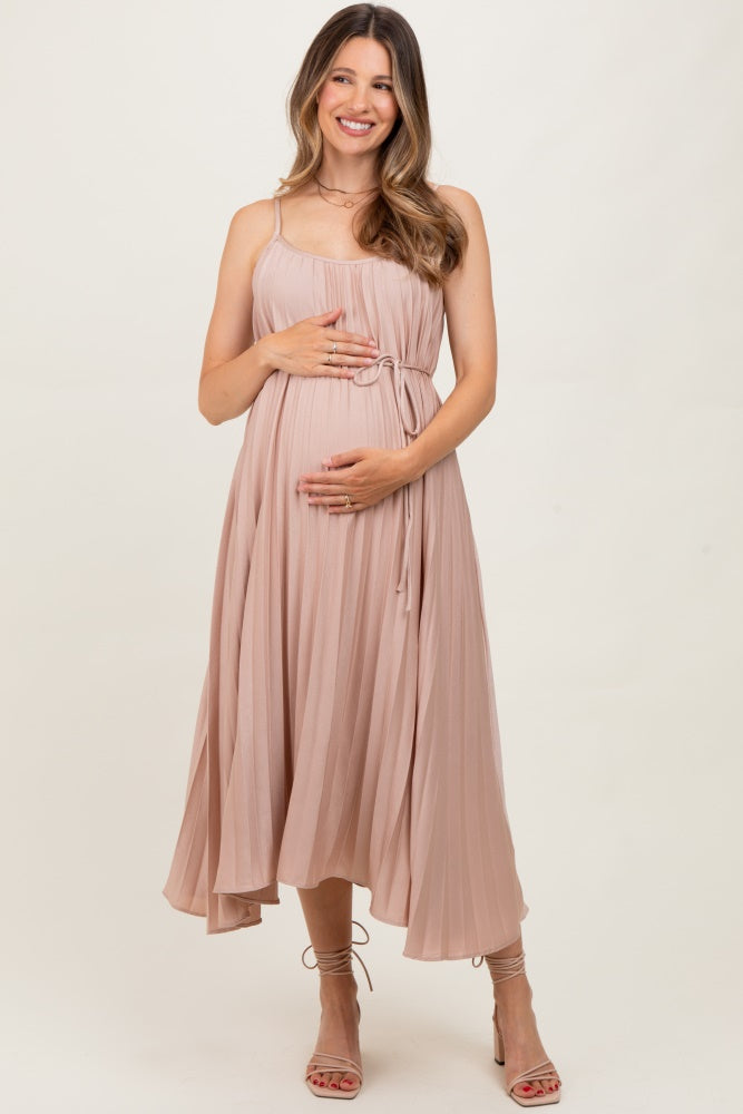 Mocha Pleated Sash Tie Maternity Midi Dress
