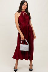 Burgundy Pleated Halter Dress