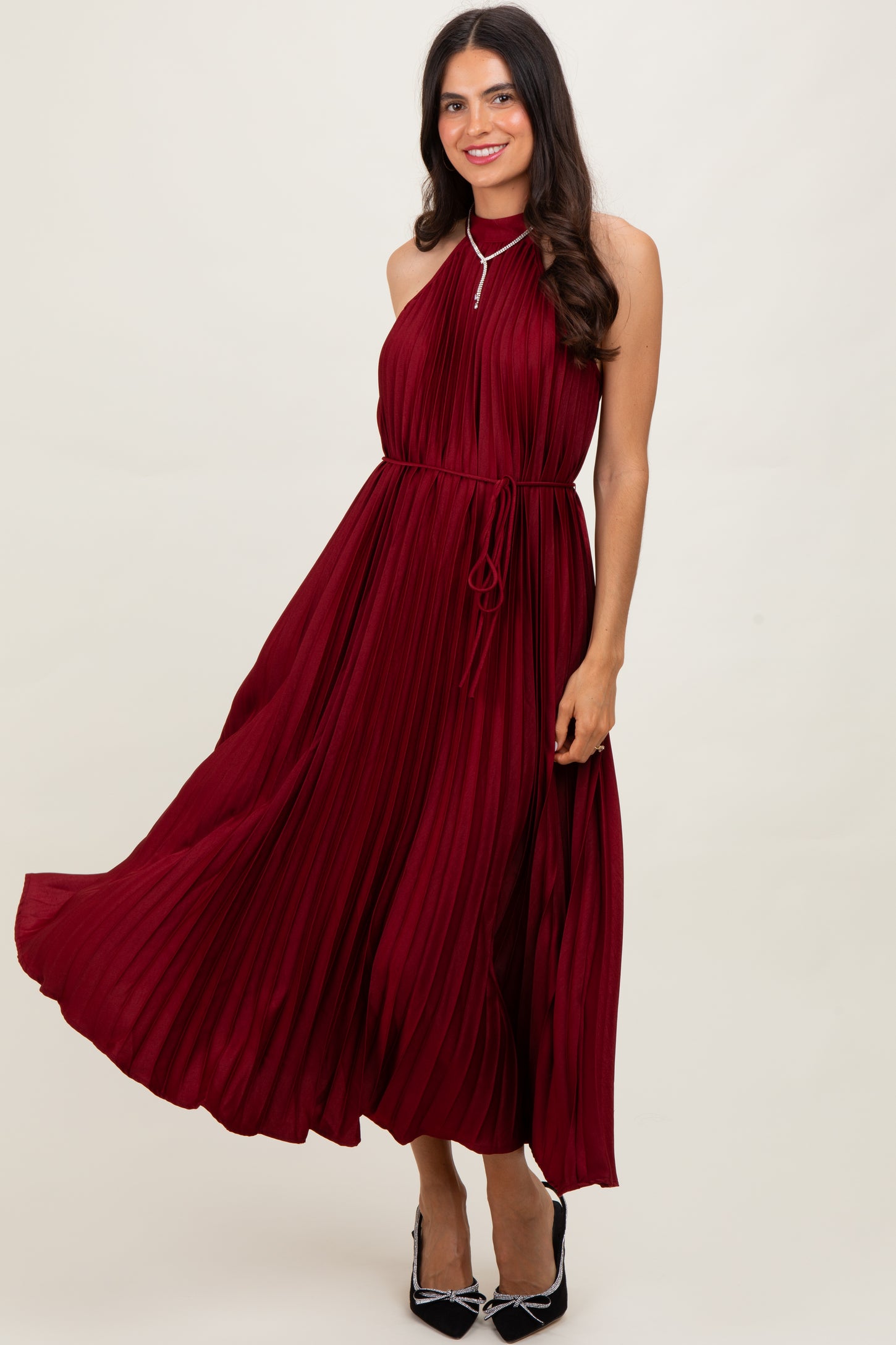 Burgundy Pleated Halter Dress