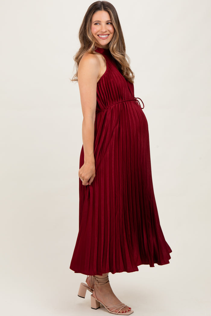 Burgundy Pleated Maternity Halter Dress