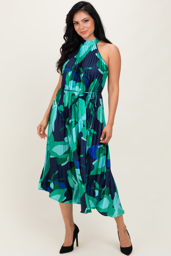 Jade Printed Pleated Halter Midi Dress
