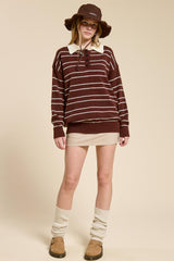Brown Striped Knit Relaxed Fit Polo Sweater