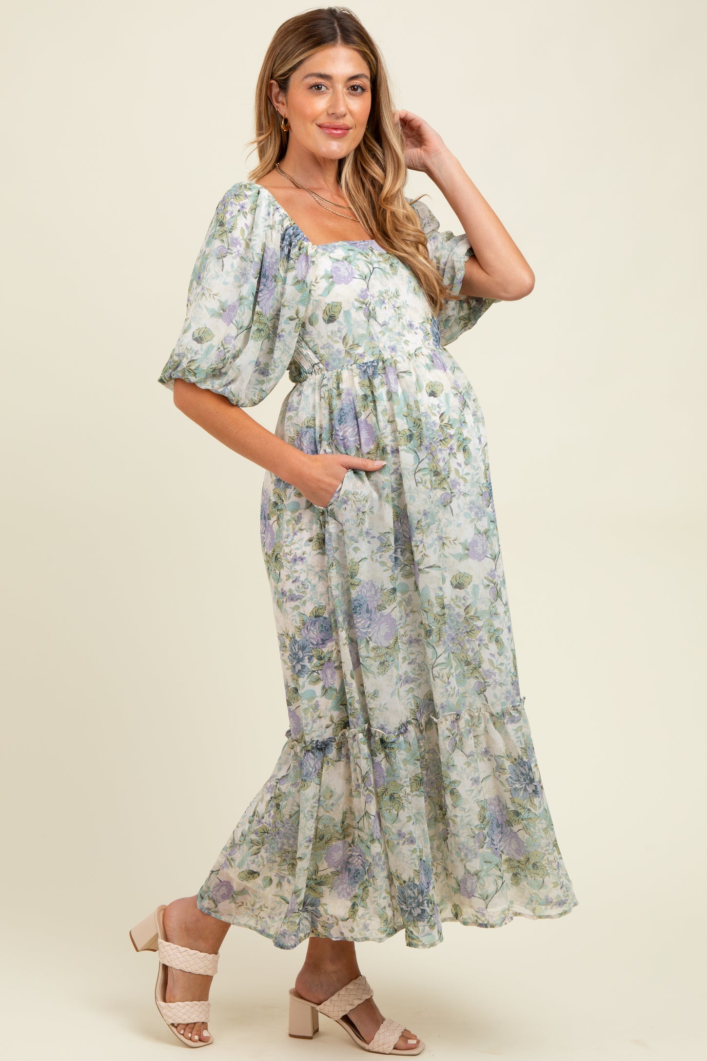 Lavender Floral Square Neck Puffed Sleeve Maternity Maxi Dress