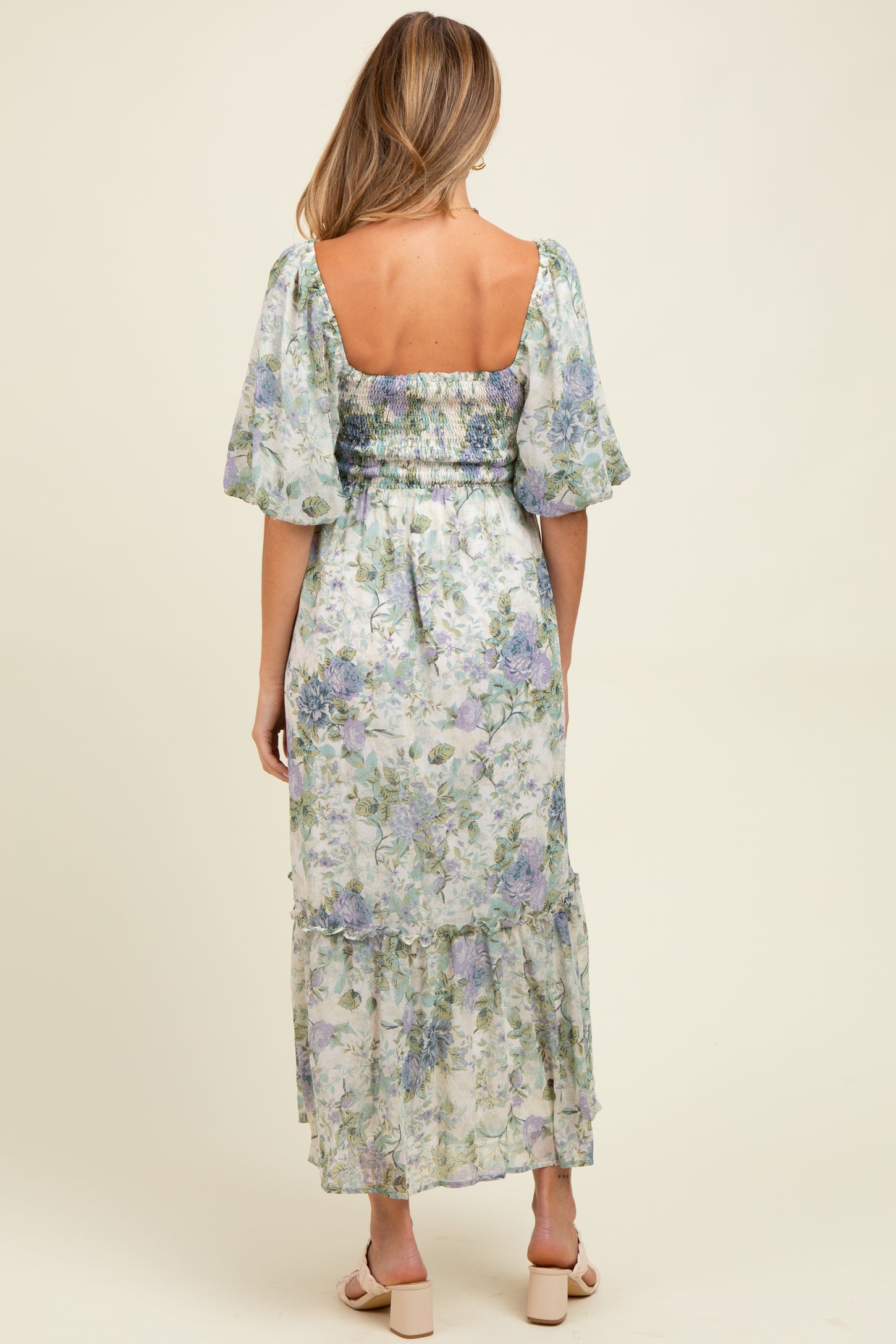 Lavender Floral Square Neck Puffed Sleeve Maternity Maxi Dress