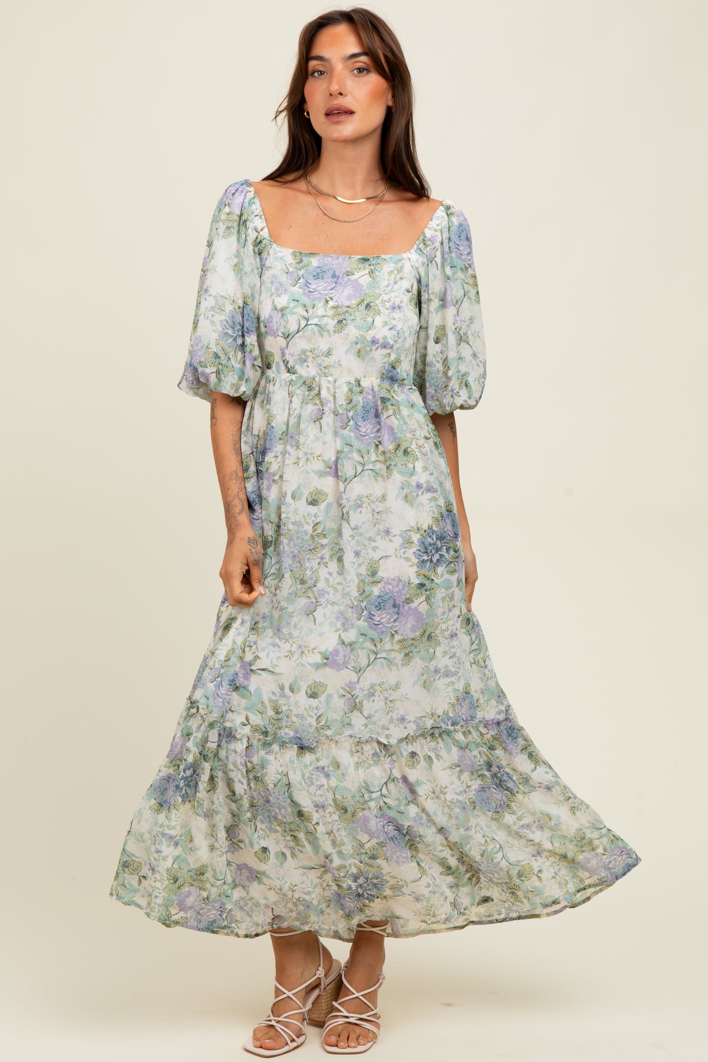 Lavender Floral Square Neck Puffed Sleeve Maxi Dress