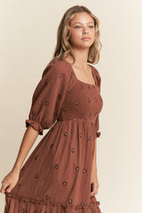 Brown Floral Smocked Puff Sleeve Maxi Dress