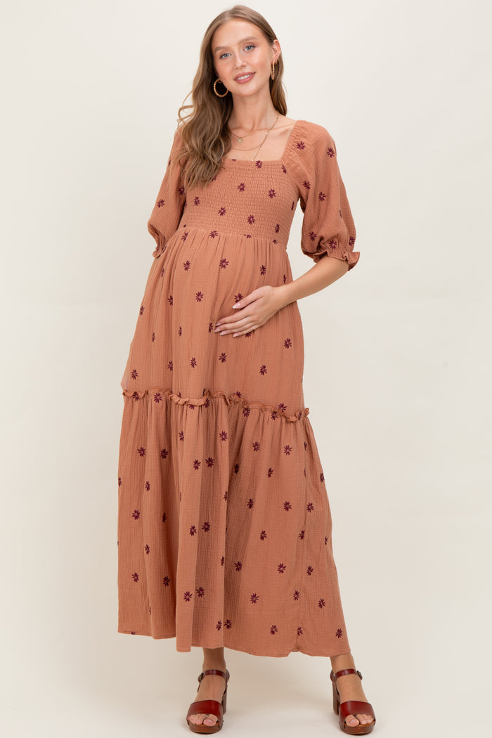 Rust Floral Smocked Puff Sleeve Maternity Maxi Dress