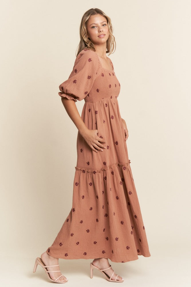 Rust Floral Smocked Puff Sleeve Maxi Dress