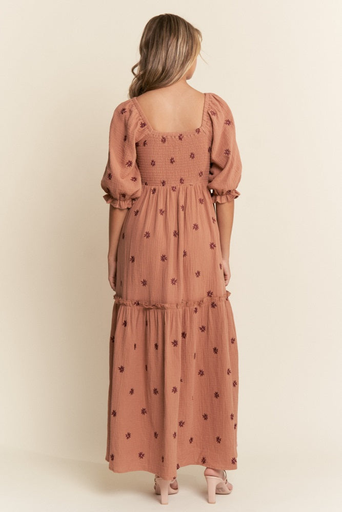 Rust Floral Smocked Puff Sleeve Maxi Dress