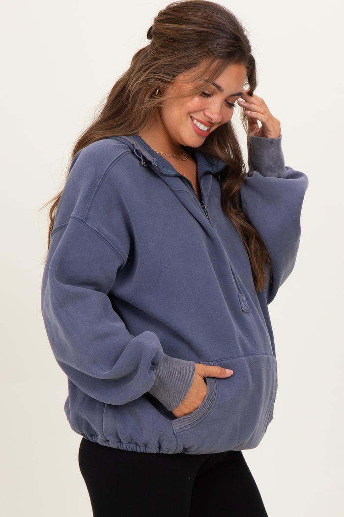 Navy Fleece Half Zip Drop Shoulder Maternity Hoodie