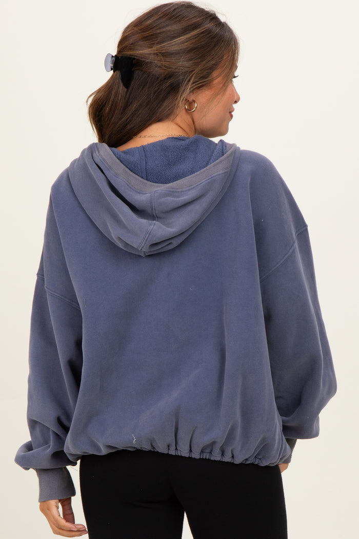 Navy Fleece Half Zip Drop Shoulder Maternity Hoodie