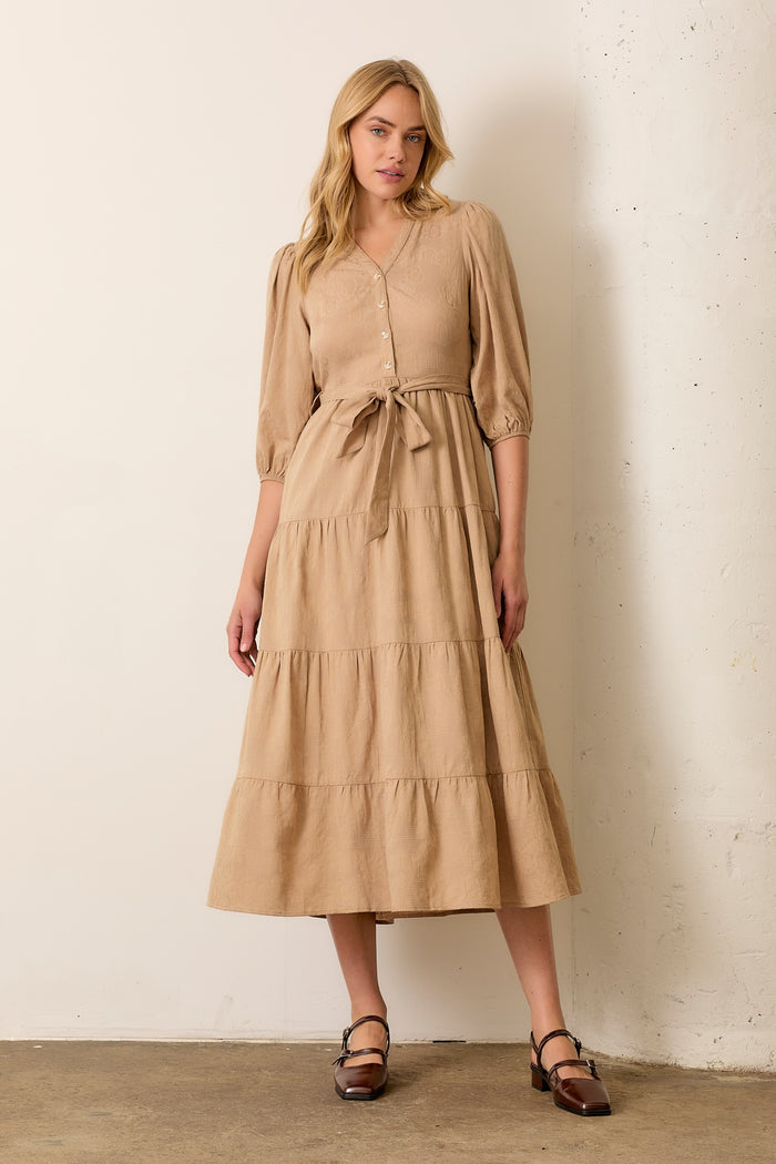 Taupe Floral Jacquard Button Front Tiered Maternity Dress