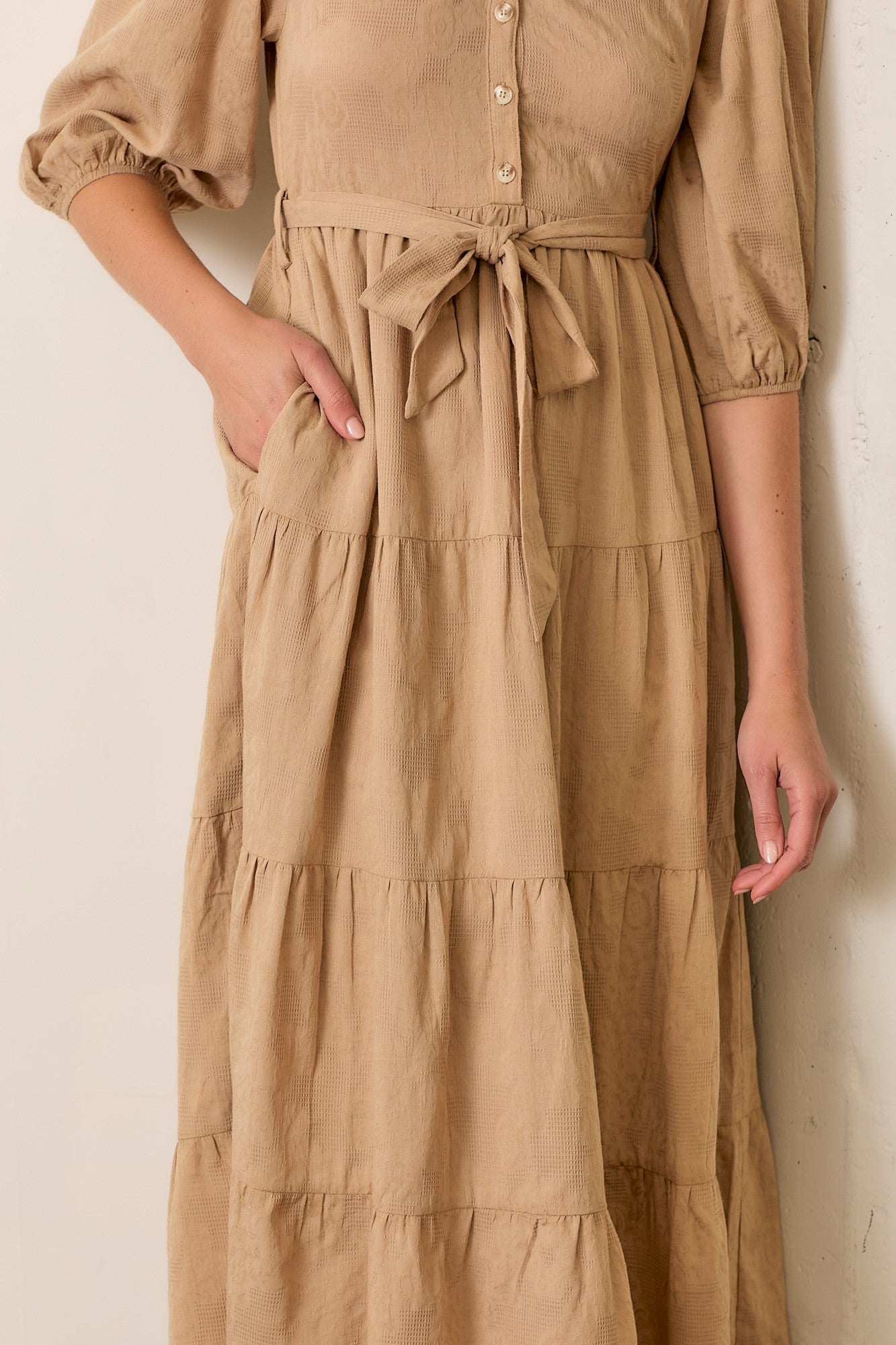 Taupe Floral Jacquard Button Front Tiered Dress