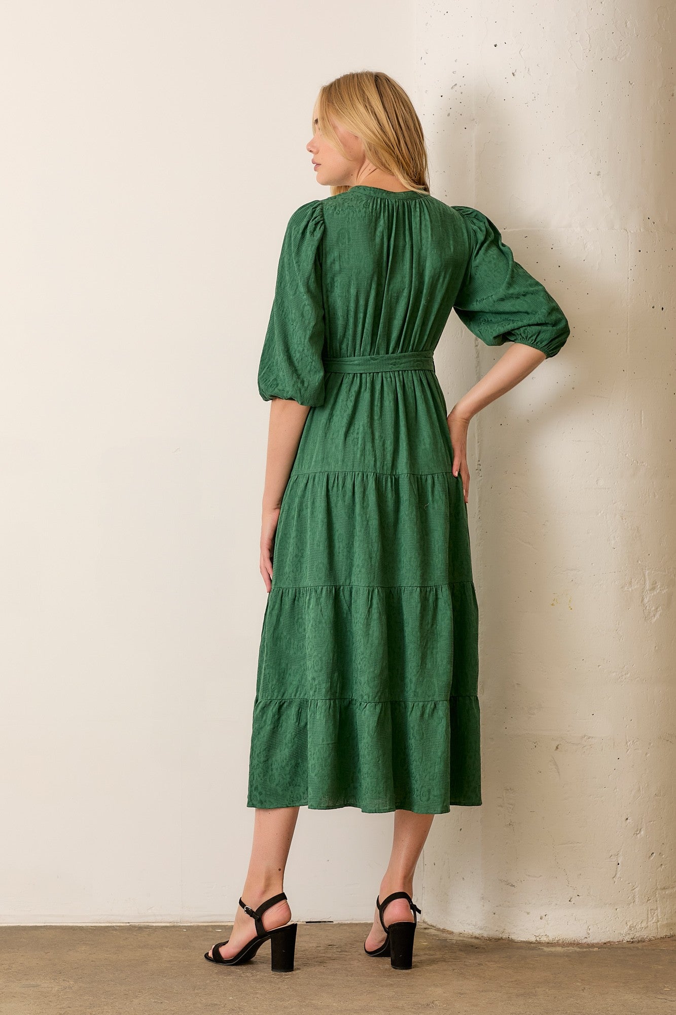 Forest Green Floral Jacquard Button Front Tiered Dress