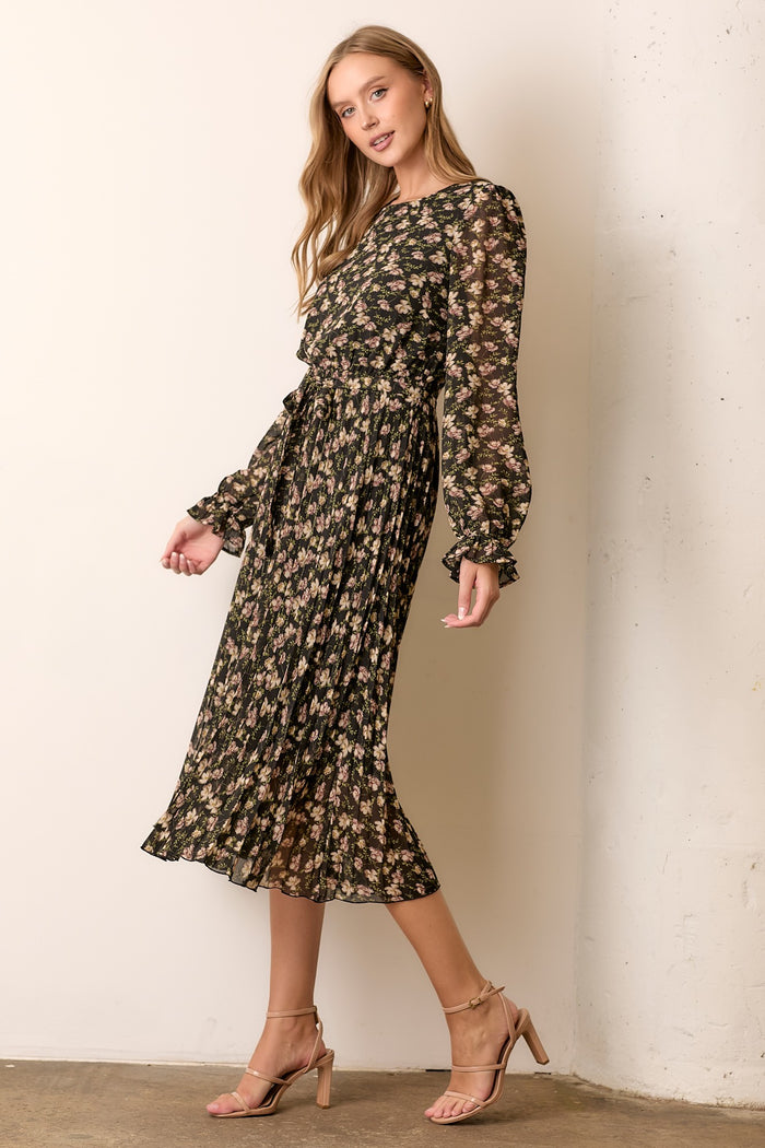 Black Floral Chiffon Long Sleeve Pleated Midi Dress