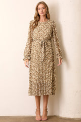 Cream Floral Chiffon Long Sleeve Pleated Midi Dress