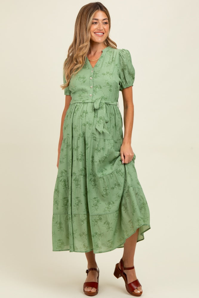 Green Floral Button Front Tiered Maternity Midi Dress
