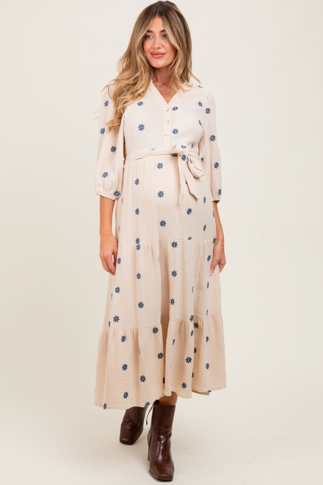 Cream Floral Cotton Gauze Tiered Maternity Midi Dress