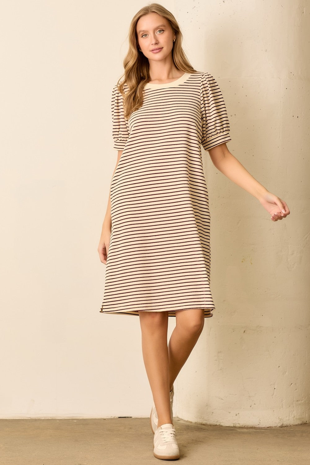 Burgundy Striped Puff Sleeve Maternity Midi T-Shirt Dress