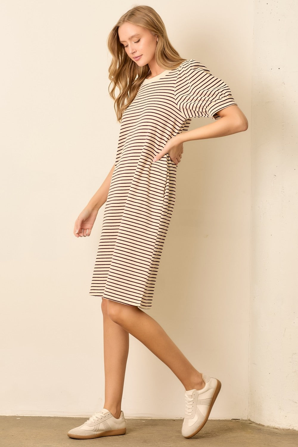 Burgundy Striped Puff Sleeve Midi T-Shirt Dress