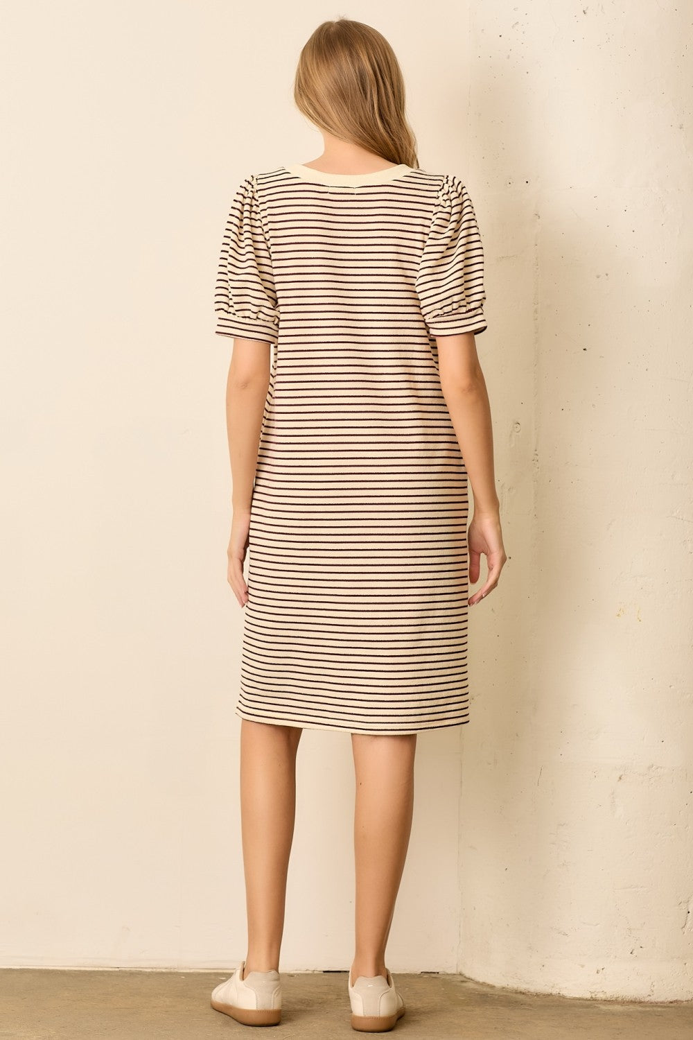 Burgundy Striped Puff Sleeve Midi T-Shirt Dress