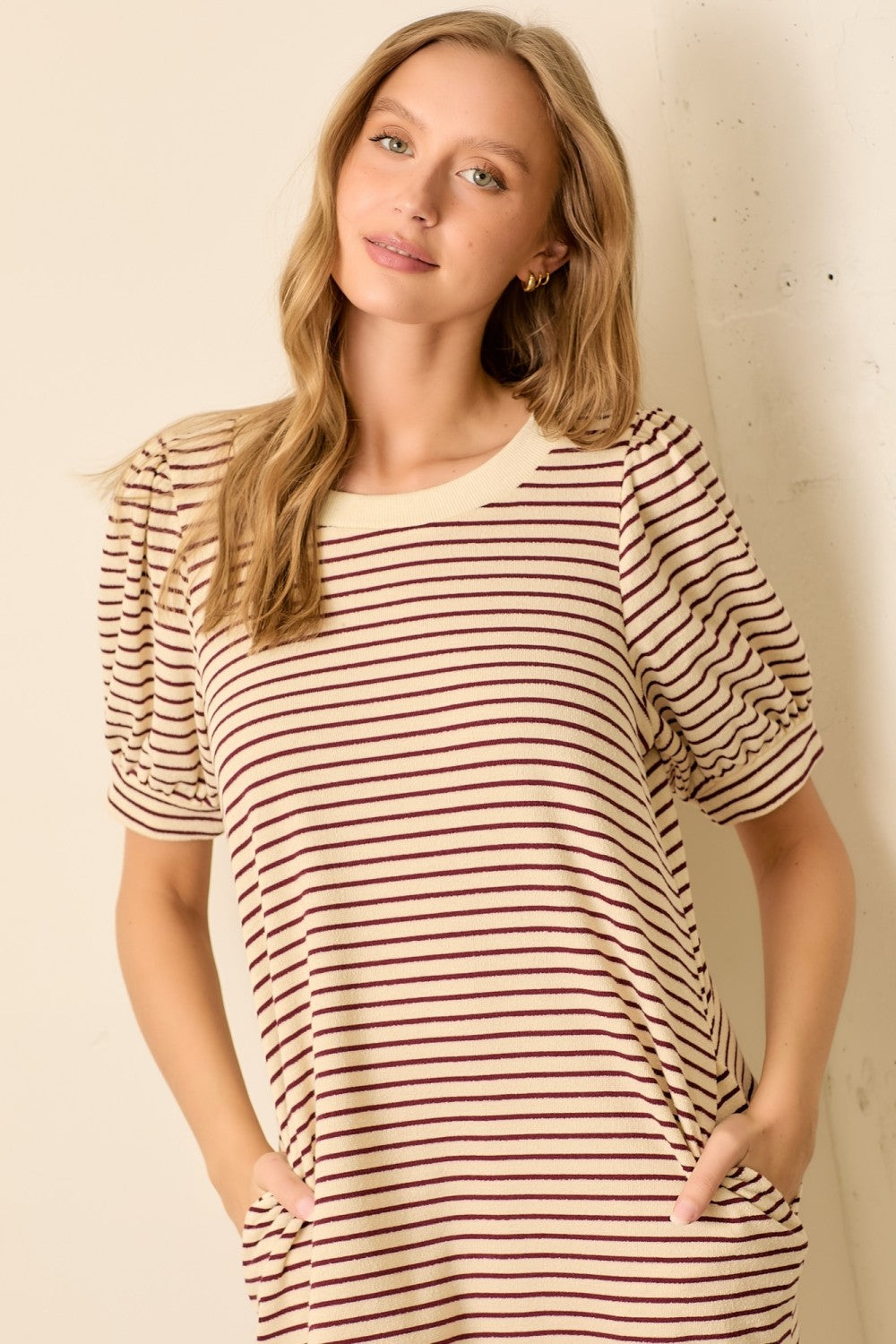 Burgundy Striped Puff Sleeve Midi T-Shirt Dress