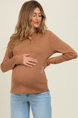 Camel Pointelle Knit Maternity Long Sleeve Top
