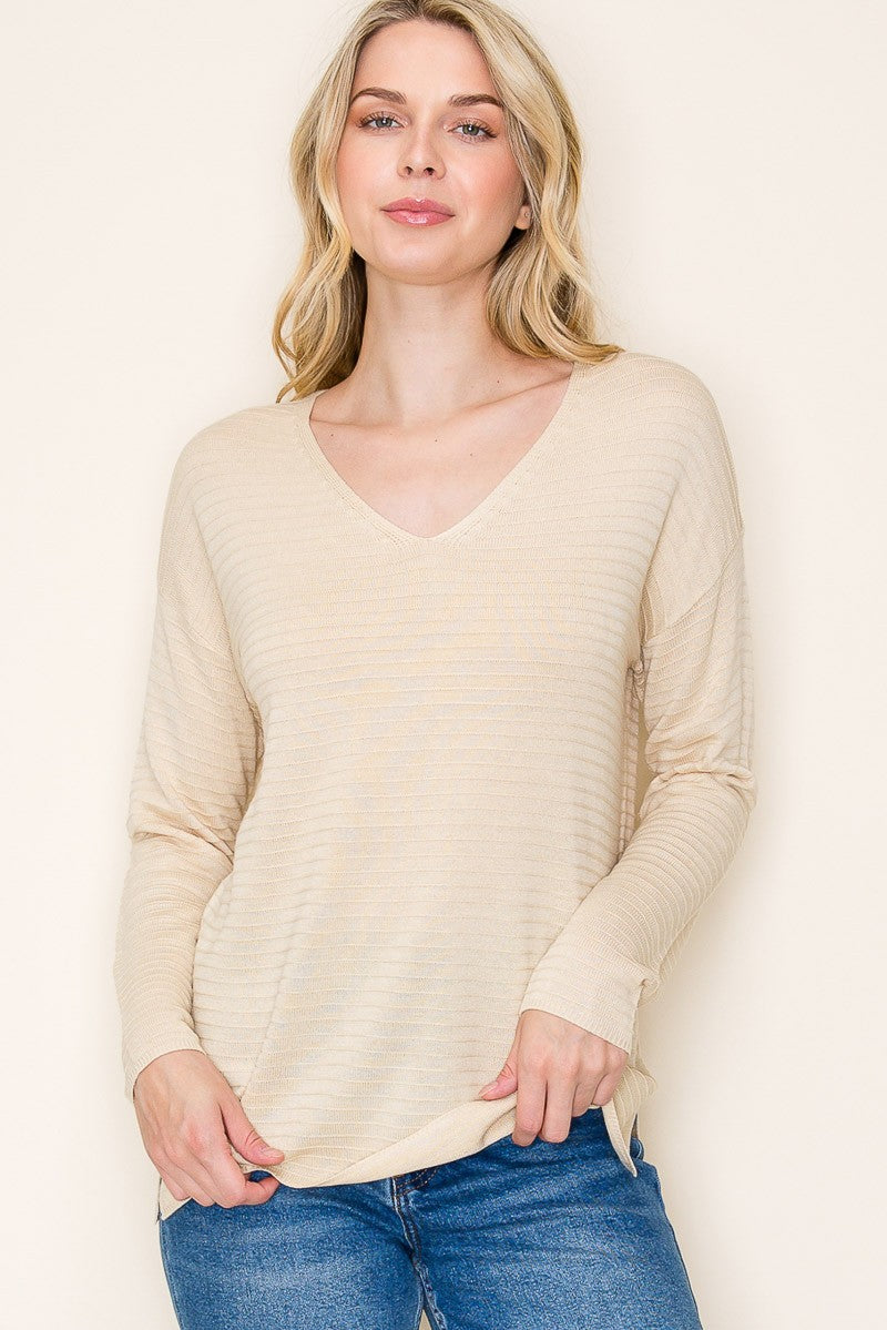 Cream Striped Knit Long Sleeve Top