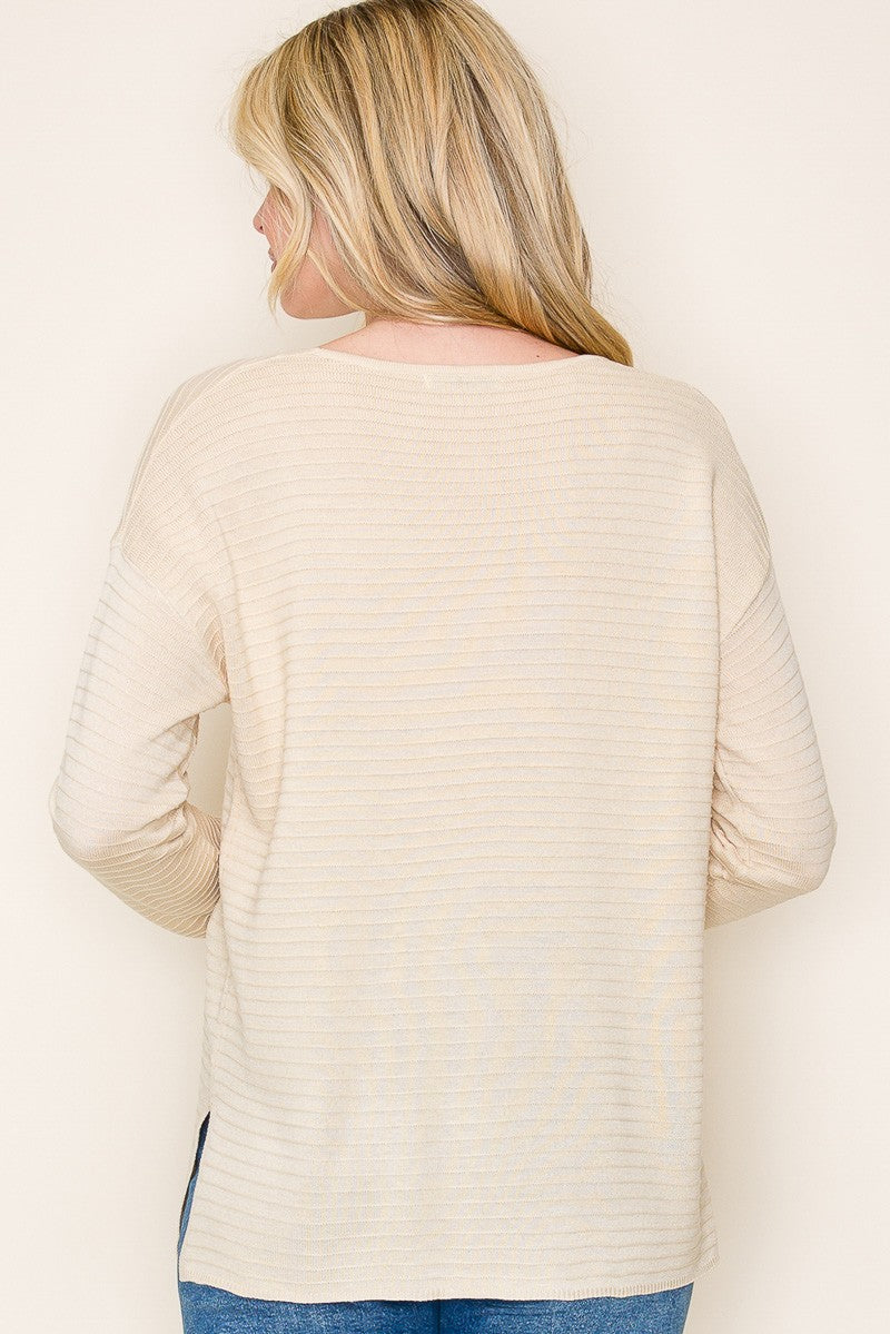 Cream Striped Knit Long Sleeve Top