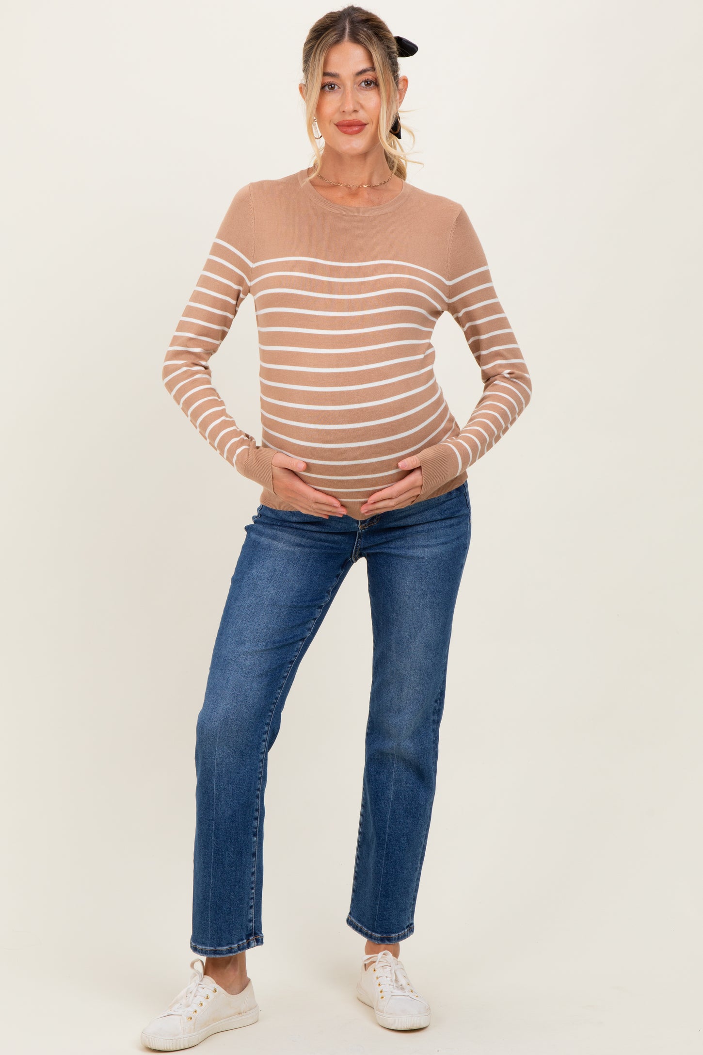 Camel Striped Knit Maternity Long Sleeve Top