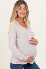 Cream V-Neck Knit Maternity Long Sleeve Top