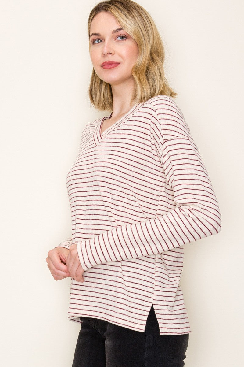 Burgundy Striped V-Neck Long Sleeve Top