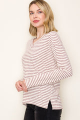 Burgundy Striped V-Neck Long Sleeve Top