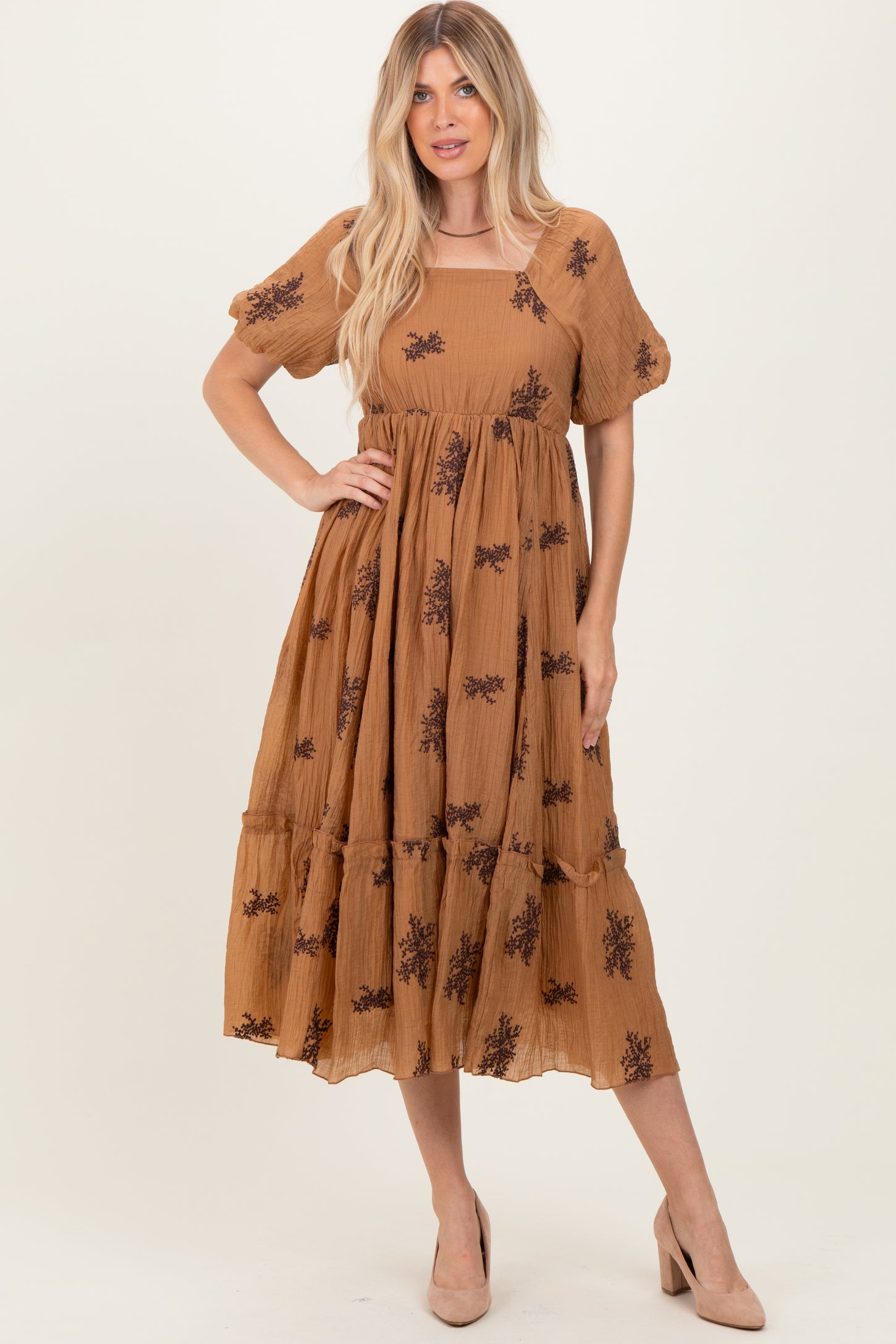Taupe Floral Embroidered Puff Sleeve Midi Dress