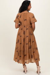 Taupe Floral Embroidered Puff Sleeve Maternity Midi Dress