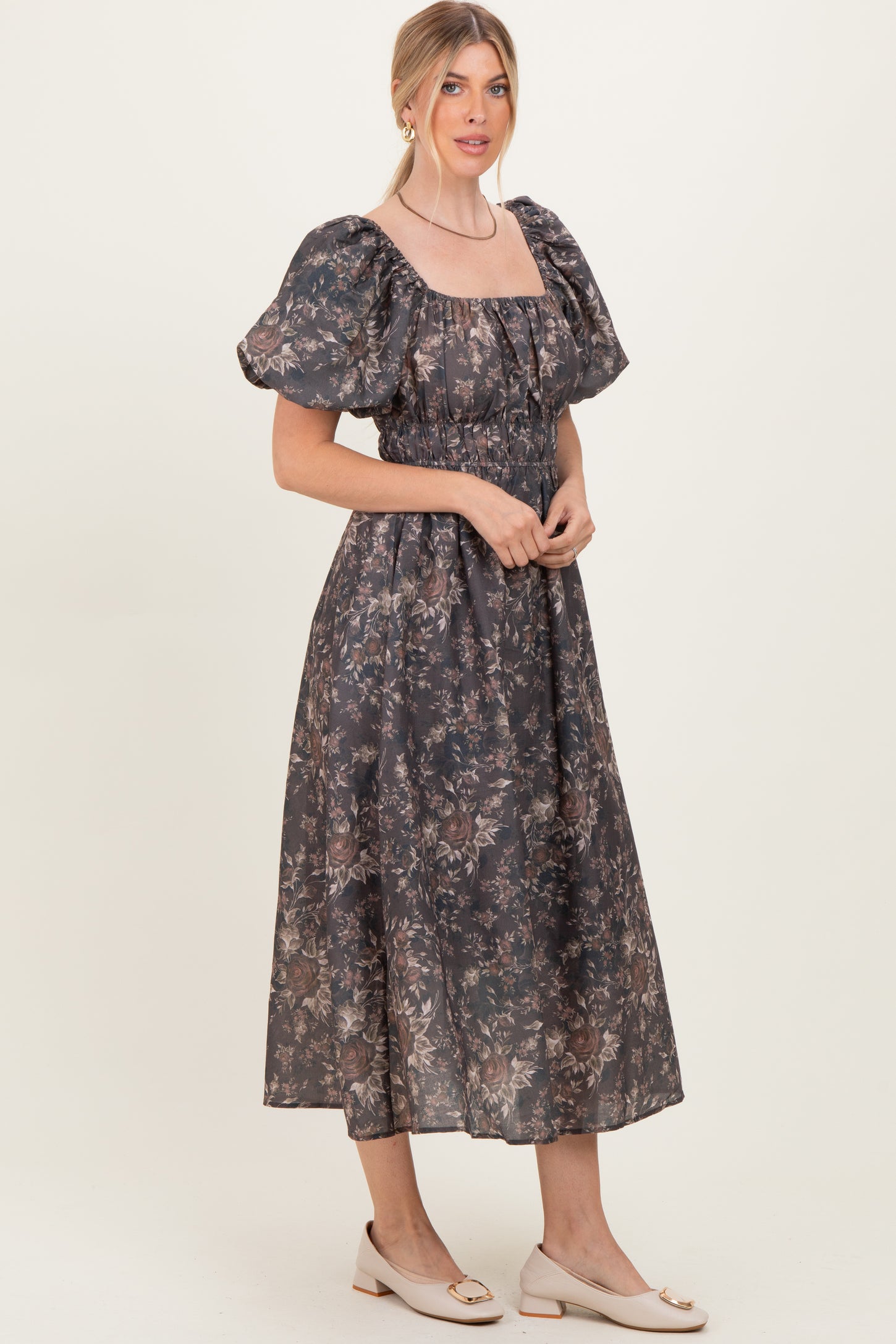 Brown Floral Puff Sleeve Maternity Midi Dress