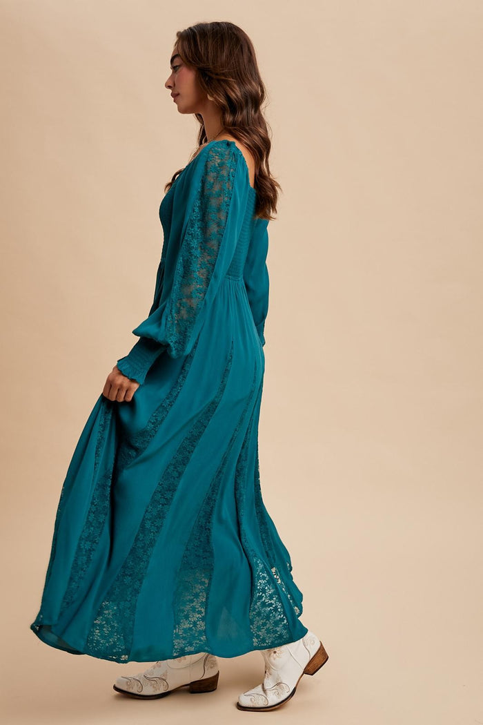 Emerald Lace Inset Smocked Maxi Dress