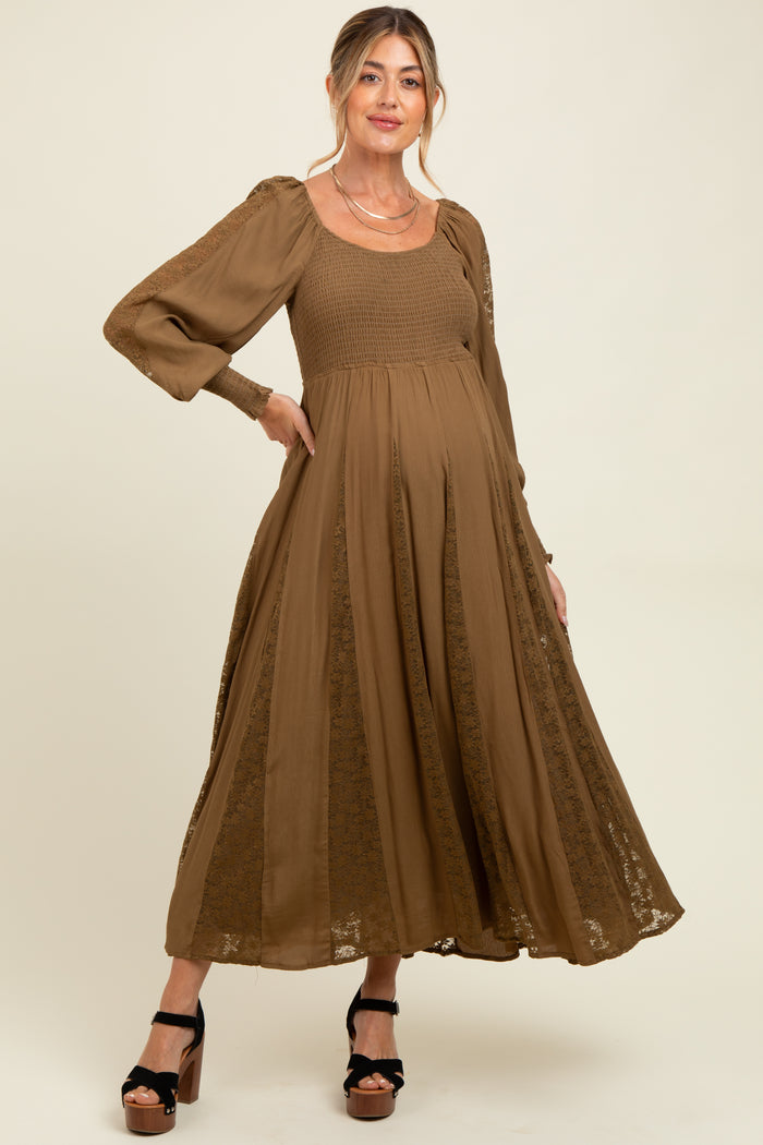 Brown Lace Inset Smocked Maternity Maxi Dress
