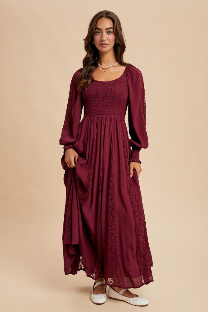Burgundy Lace Inset Smocked Maternity Maxi Dress