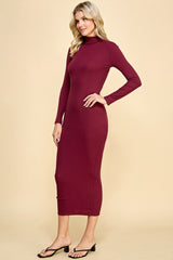 Burgundy Turtle Neck Ribbed Fitted Long Sleeve Maxi Dress