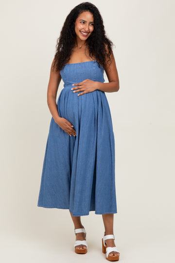 Denim Open Tied Back A-Line Maternity Midi Dress