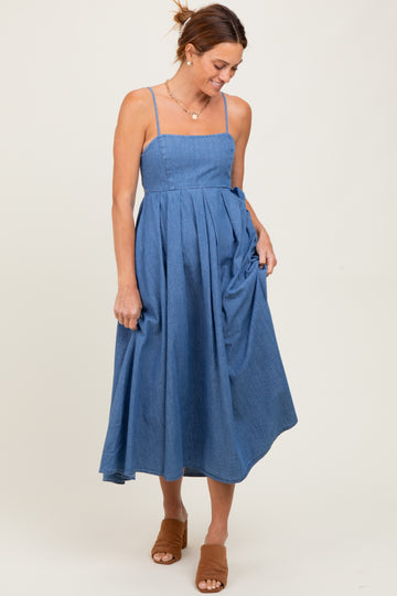 Denim Open Tied Back A-Line Midi Dress