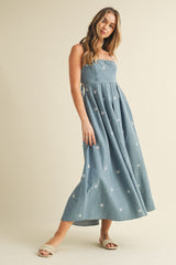 Denim Tied Back Embroidered Midi Dress
