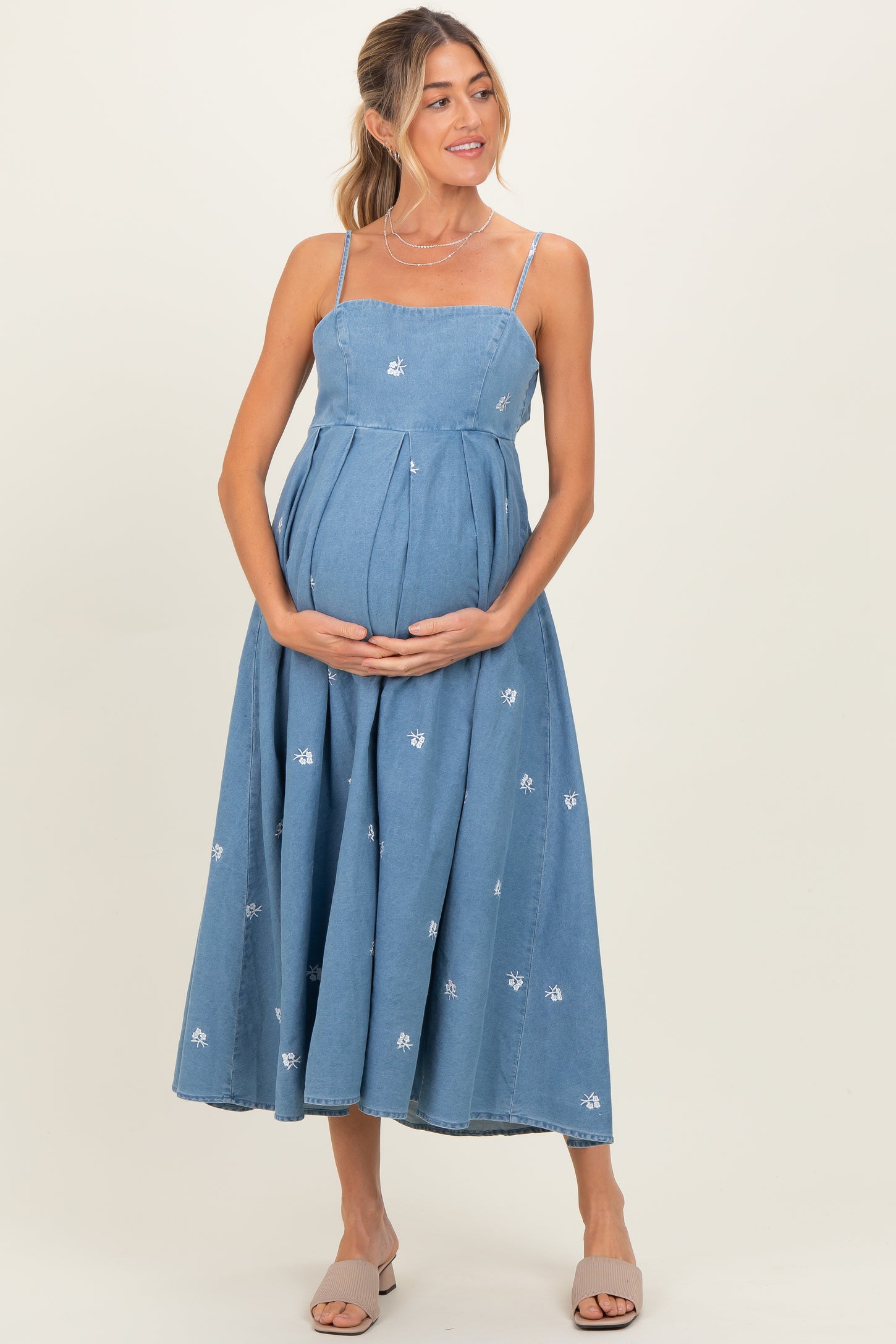 Denim Tied Back Embroidered Maternity Midi Dress