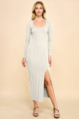 Cream Scoop Neck Long Sleeve Front Slit Maxi Dress