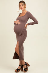 Brown Scoop Neck Long Sleeve Front Slit Maternity Maxi Dress